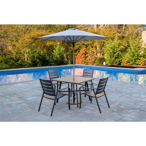 Hanover - Cortino 5pc Dining Set: 4 Slat Dining Chairs, 30" Sq Slat Table, Umbrella & Base - Gunmetal-United Backyard