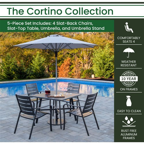 Hanover - Cortino 5pc Dining Set: 4 Slat Dining Chairs, 30" Sq Slat Table, Umbrella & Base - Gunmetal-United Backyard