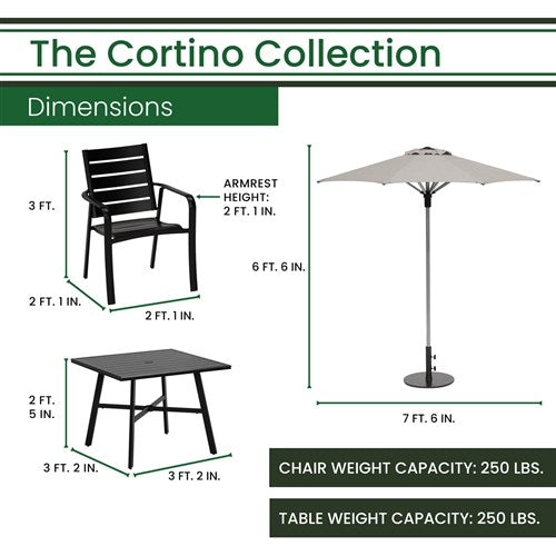 Hanover - Cortino 5pc Dining Set: 4 Slat Dining Chairs, 30" Sq Slat Table, Umbrella & Base - Gunmetal-United Backyard