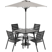 Hanover - Cortino 5pc Dining Set: 4 Slat Dining Chairs, 30" Sq Slat Table, Umbrella & Base - Gunmetal-United Backyard