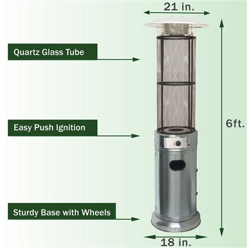 Hanover - Cylinder flame glass patio heater, 6' tall, propane, 34,000 BTU - Stainless Steel-United Backyard