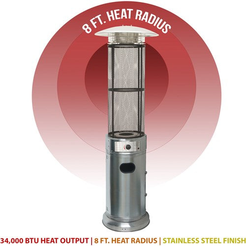 Hanover - Cylinder flame glass patio heater, 6' tall, propane, 34,000 BTU - Stainless Steel-United Backyard