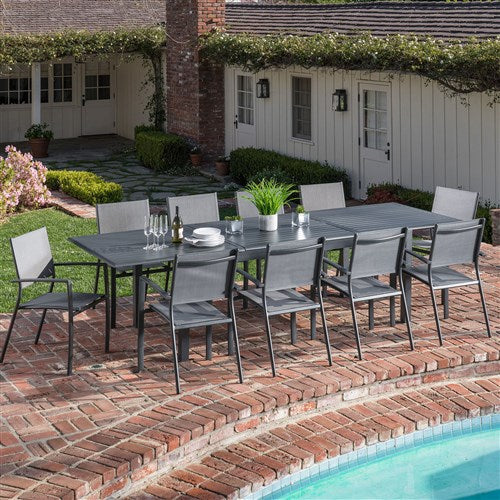 Hanover - Dawson 11pc: 10 Aluminum Sling Chairs, 78-118" Aluminum Extension Table - Gray/Gray-United Backyard