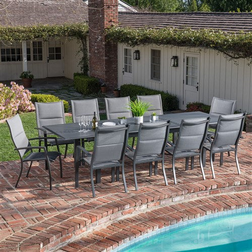 Hanover - Dawson 11pc: 10 High Back Padded Sling Chairs, 78-118" Alum Extension Table - Gray/Gray-United Backyard