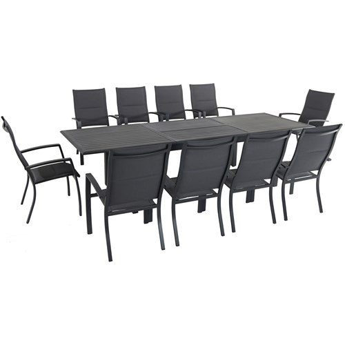 Hanover - Dawson 11pc: 10 High Back Padded Sling Chairs, 78-118" Alum Extension Table - Gray/Gray-United Backyard