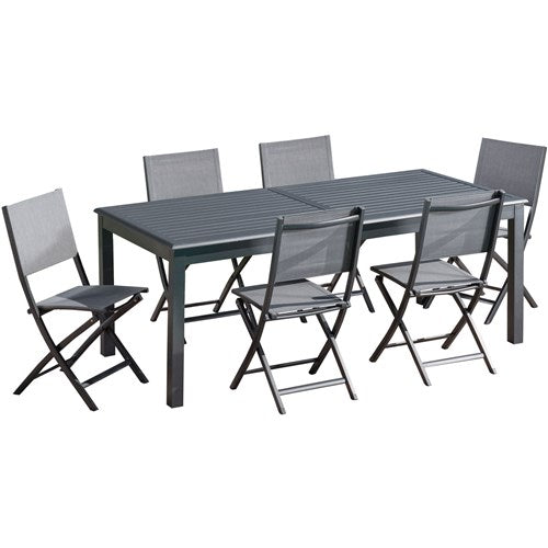 Hanover - Dawson 7pc: 6 Aluminum Sling Folding Chairs, 78-118" Alum Extension Table - Gray/Gray-United Backyard