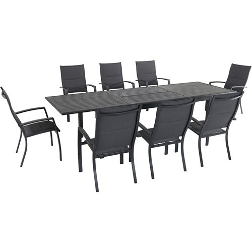 Hanover - Dawson 9pc: 8 High Back Padded Sling Chairs, 78-118" Alum Extension Table - Gray/Gray-United Backyard