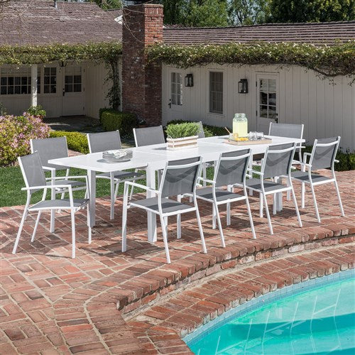 Hanover - Del Mar 11pc: 10 Aluminum Sling Chairs, Aluminum Extension Table - White/White-United Backyard