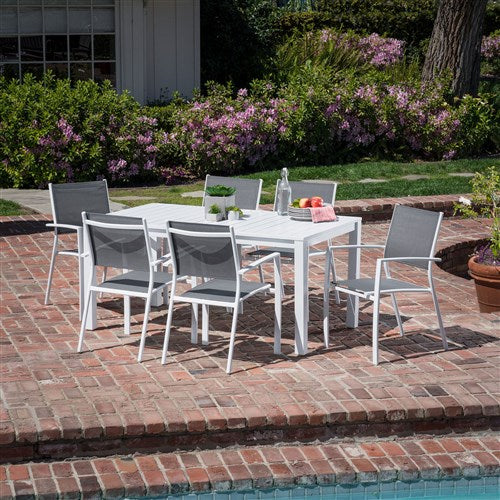 Hanover - Del Mar 7pc: 6 Aluminum Sling Chairs, 63x35" Aluminum Slat Table - White/White-United Backyard