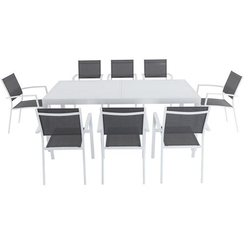 Hanover - Del Mar 9pc: 8 Aluminum Sling Chairs, Aluminum Extension Table - White/White-United Backyard