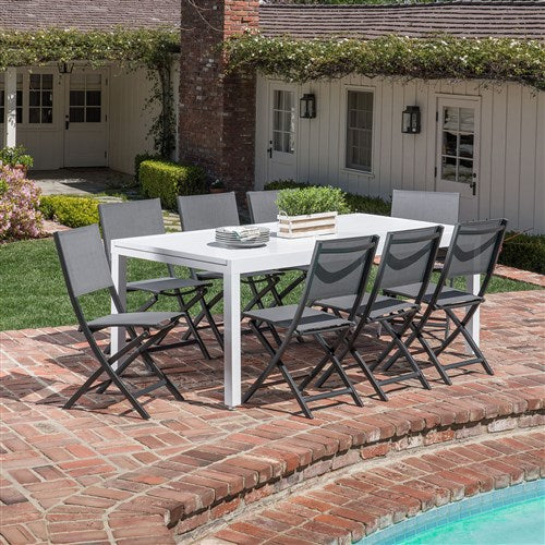 Hanover - Del Mar 9pc: 8 Aluminum Sling Folding Chairs, Aluminum Extension Table - White/Gray-United Backyard