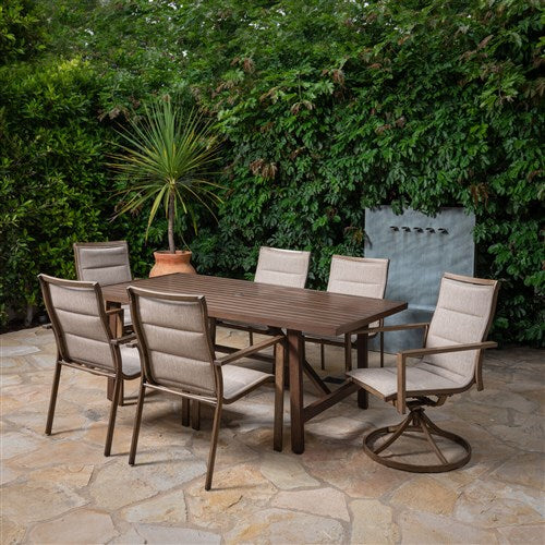 Hanover - Fairhope 7pc Dining Set: 4 Padded Sling Chrs, 2 Swivel Chairs, 74"x40" Table - Tan-United Backyard