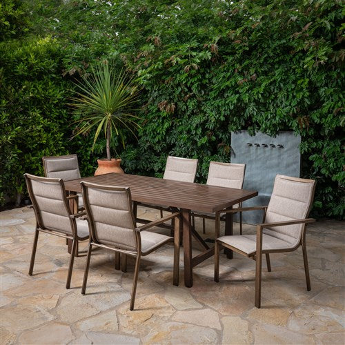 Hanover - Fairhope 7pc Dining Set: 6 Padded Sling Chairs and 74"x40" Tressle Table - Tan-United Backyard