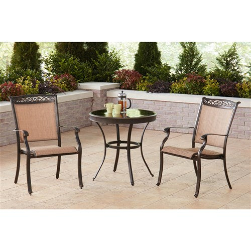 Hanover - Fontana 3pc: 2 Sling Dining Chairs, 30" Glass Top Table - Tan Sling/Glass-United Backyard