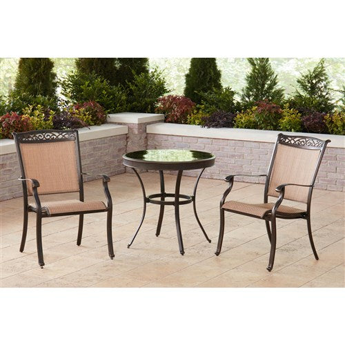 Hanover - Fontana 3pc: 2 Sling Dining Chairs, 30" Glass Top Table - Tan Sling/Glass-United Backyard