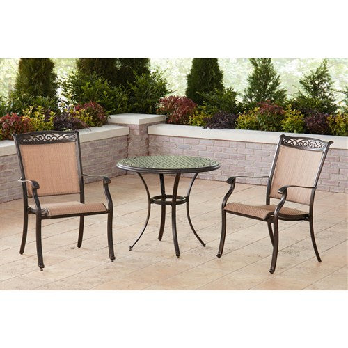 Hanover - Fontana 3pc: 2 Sling Dining Chairs and 32" Cast Table - Tan/Bronze-United Backyard