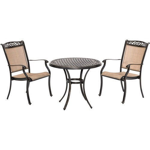 Hanover - Fontana 3pc: 2 Sling Dining Chairs and 32" Cast Table - Tan/Bronze-United Backyard