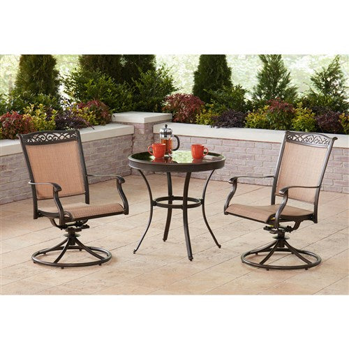 Hanover - Fontana 3pc: 2 Sling Swivel Rockers, 30" Glass Top Table - Tan Sling/Glass-United Backyard