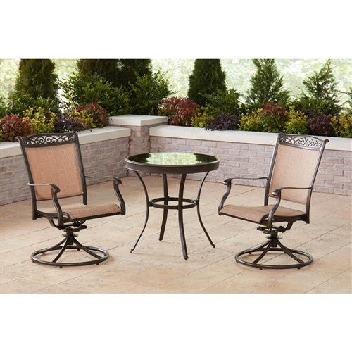 Hanover - Fontana 3pc: 2 Sling Swivel Rockers, 30" Glass Top Table - Tan Sling/Glass-United Backyard