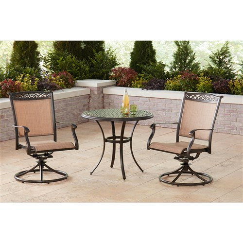 Hanover - Fontana 3pc: 2 Sling Swivel Rockers and 32" Cast Table - Tan/Bronze-United Backyard