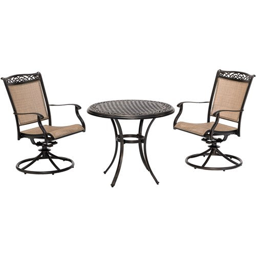 Hanover - Fontana 3pc: 2 Sling Swivel Rockers and 32" Cast Table - Tan/Bronze-United Backyard