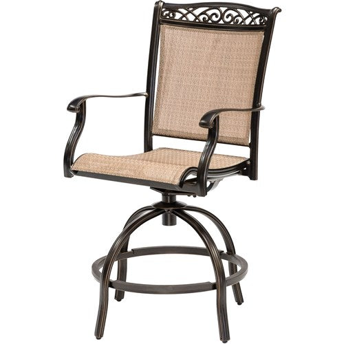 Hanover - Fontana 5pc: 4 Counter Height Swivel Sling Chairs, 42" Sq Table, Umbrella, Base - Tan/Bronze-United Backyard