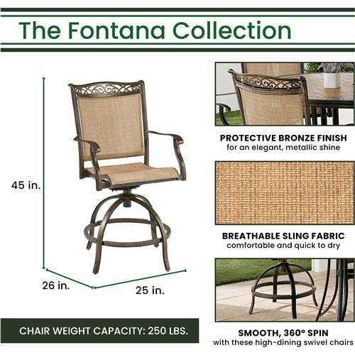 Hanover - Fontana 5pc: 4 Counter Height Swivel Sling Chairs, 42" Sq Table, Umbrella, Base - Tan/Bronze-United Backyard