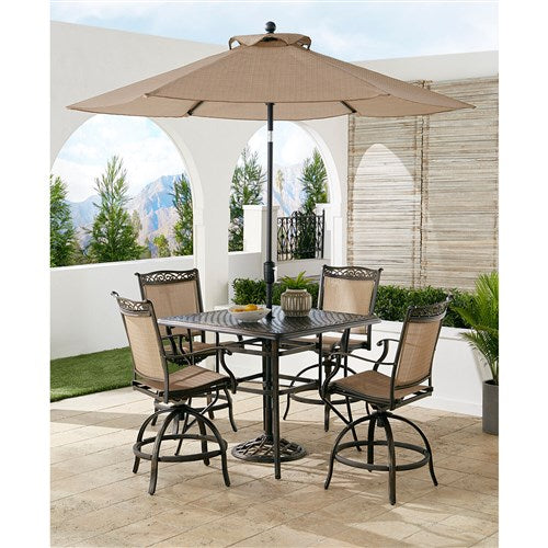 Hanover - Fontana 5pc: 4 Counter Height Swivel Sling Chairs, 42" Sq Table, Umbrella, Base - Tan/Bronze-United Backyard