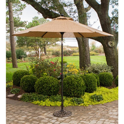 Hanover - Fontana 5pc: 4 Counter Height Swivel Sling Chairs, 42" Sq Table, Umbrella, Base - Tan/Bronze-United Backyard