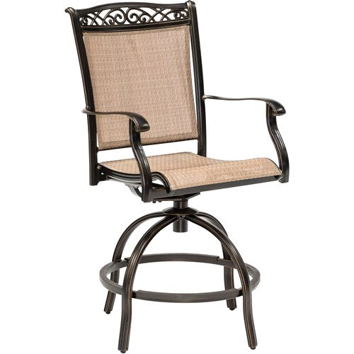 Hanover - Fontana 5pc: 4 Counter Height Swivel Sling Chairs, 42" Sq Table, Umbrella, Base - Tan/Bronze-United Backyard