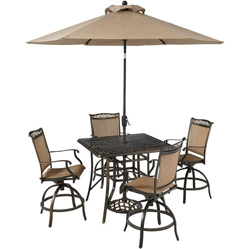 Hanover - Fontana 5pc: 4 Counter Height Swivel Sling Chairs, 42" Sq Table, Umbrella, Base - Tan/Bronze-United Backyard