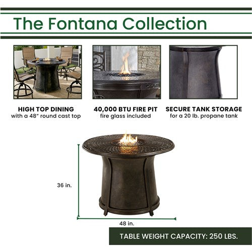 Hanover - Fontana 5pc: 4 Counter Height Swivel Sling Chairs, 48" Cast Fire Pit Table - Tan/Bronze-United Backyard