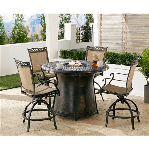 Hanover - Fontana 5pc: 4 Counter Height Swivel Sling Chairs, 48" Cast Fire Pit Table - Tan/Bronze-United Backyard