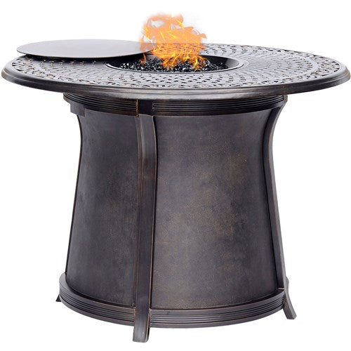 Hanover - Fontana 5pc: 4 Counter Height Swivel Sling Chairs, 48" Cast Fire Pit Table - Tan/Bronze-United Backyard