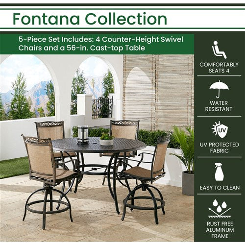 Hanover - Fontana 5pc: 4 Counter Height Swivel Sling Chairs, 56" Round Cast Table - Tan/Bronze-United Backyard