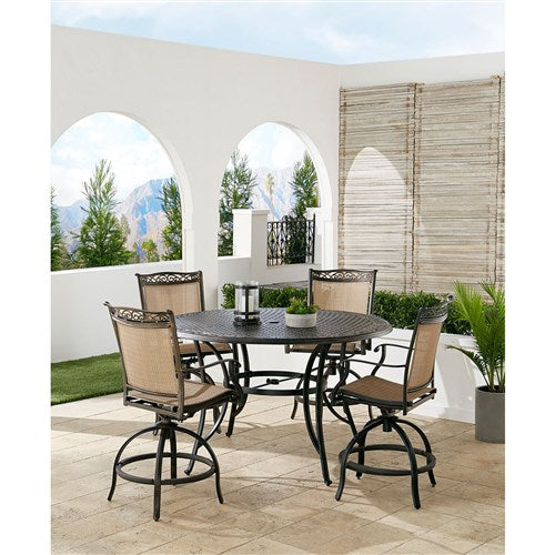 Hanover - Fontana 5pc: 4 Counter Height Swivel Sling Chairs, 56" Round Cast Table - Tan/Bronze-United Backyard