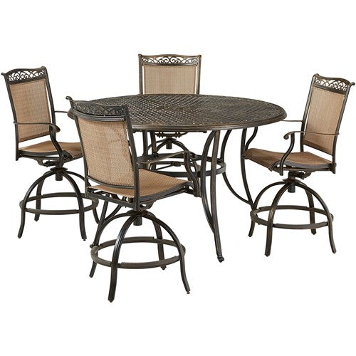 Hanover - Fontana 5pc: 4 Counter Height Swivel Sling Chairs, 56" Round Cast Table - Tan/Bronze-United Backyard