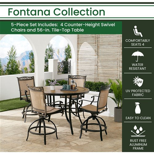 Hanover - Fontana 5pc: 4 Counter Height Swivel Sling Chairs, 56" Round Tile Table - Tan/Bronze-United Backyard