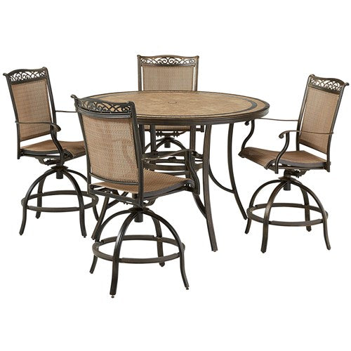 Hanover - Fontana 5pc: 4 Counter Height Swivel Sling Chairs, 56" Round Tile Table - Tan/Bronze-United Backyard