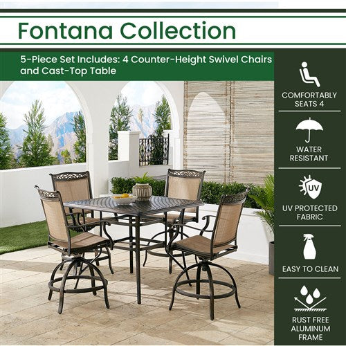 Hanover - Fontana 5pc: 4 Counter Height Swivel Sling Chrs, 42" Square Cast Table - Tan/Bronze-United Backyard