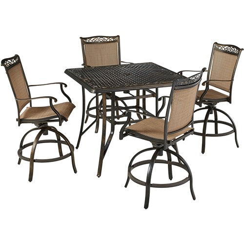 Hanover - Fontana 5pc: 4 Counter Height Swivel Sling Chrs, 42" Square Cast Table - Tan/Bronze-United Backyard