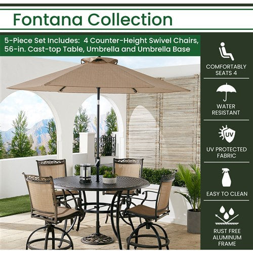 Hanover - Fontana 5pc: 4 Counter Height Swivel Sling Chrs, 56" Cast Table, Umbrella, Base - Tan/Bronze-United Backyard