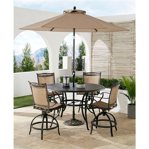 Hanover - Fontana 5pc: 4 Counter Height Swivel Sling Chrs, 56" Cast Table, Umbrella, Base - Tan/Bronze-United Backyard