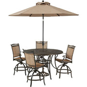Hanover - Fontana 5pc: 4 Counter Height Swivel Sling Chrs, 56" Cast Table, Umbrella, Base - Tan/Bronze-United Backyard