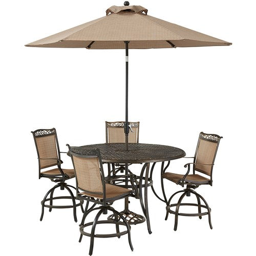 Hanover - Fontana 5pc: 4 Counter Height Swivel Sling Chrs, 56" Cast Table, Umbrella, Base - Tan/Bronze-United Backyard