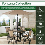 Hanover - Fontana 5pc: 4 Counter Hght Swivel Sling Chairs, 56" Tile Table, Umbrella, Base - Tan/Bronze-United Backyard
