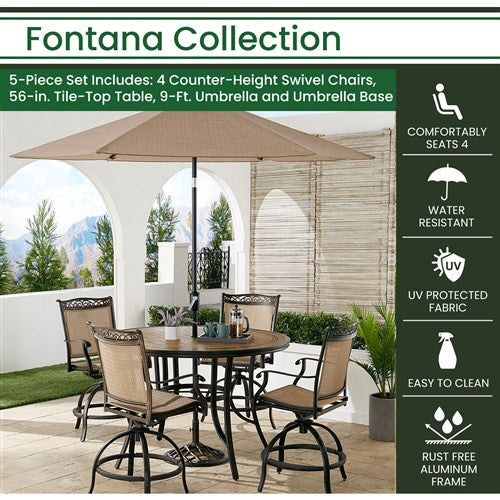 Hanover - Fontana 5pc: 4 Counter Hght Swivel Sling Chairs, 56" Tile Table, Umbrella, Base - Tan/Bronze-United Backyard