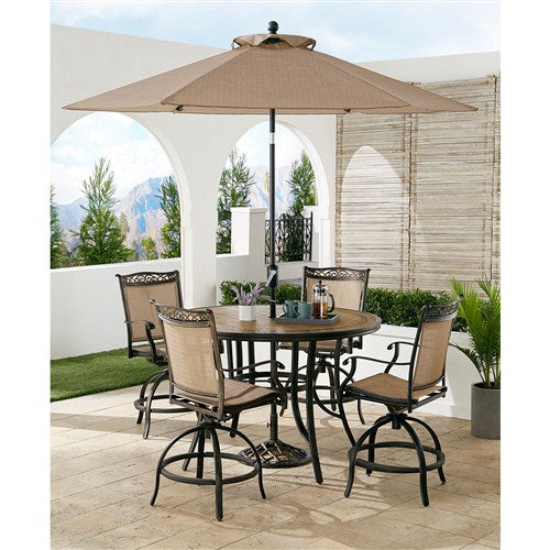 Hanover - Fontana 5pc: 4 Counter Hght Swivel Sling Chairs, 56" Tile Table, Umbrella, Base - Tan/Bronze-United Backyard