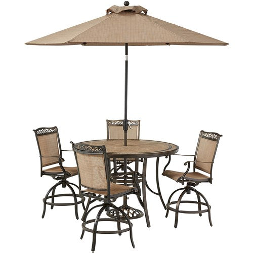 Hanover - Fontana 5pc: 4 Counter Hght Swivel Sling Chairs, 56" Tile Table, Umbrella, Base - Tan/Bronze-United Backyard