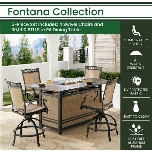 Hanover - Fontana 5pc: 4 Counter Hght Swivel Sling Chairs, Slat Fire Pit Table - Tan/Bronze-United Backyard